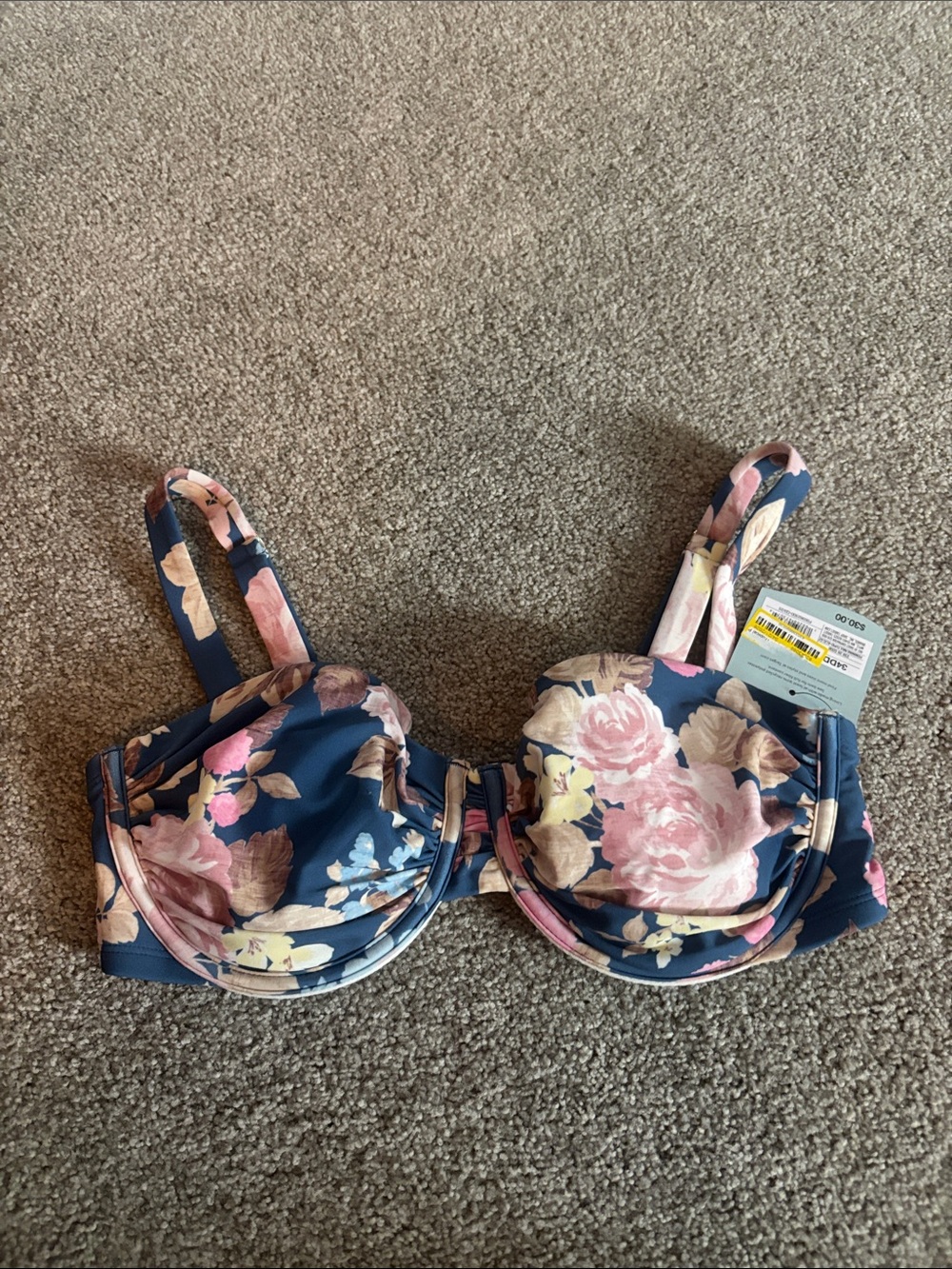 Shade & Shore 34DD Blue Floral Underwire Bikini Top - Pink & White Flowers